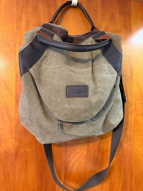 Canvas Messenger Bag with Brown Leather Trim - Olive